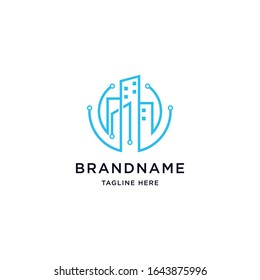Digital tech building city logo design template vector illustration