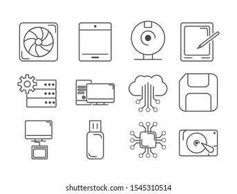 digital tech circuit board icons set line vector illustration