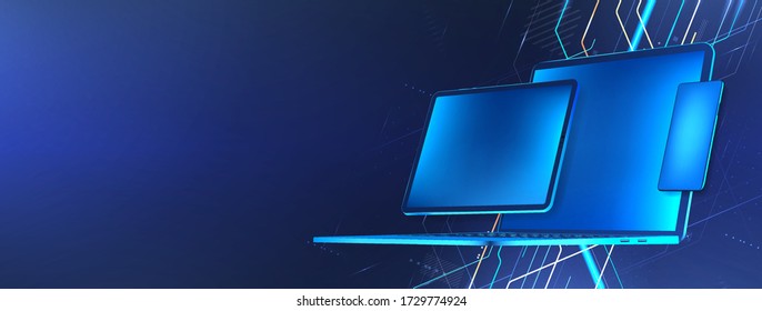 Digital Tech Concept. Blue Gadgets (laptop, Tablet And Mobile Phone). Mockup Banner For Presentation Porting Programs And Development Of Cross-platform Software. Vector Illustration