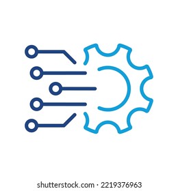 Digital Tech Concept Line Icon. Gear Sign of Business Solution Linear Pictogram. Digital Cog Wheel Symbol Electronic Technology Network Outline Icon. Editable Stroke. Isolated Vector Illustration.
