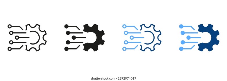 Digital Tech Concept Symbol Collection. Gear Sign of Business Solution Pictogram. Digital Cogwheel Electronic Technology Network Line and Silhouette Icon Set. Isolated Vector Illustration.