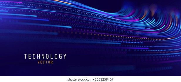 Digital Tech Data Lines AI Concept. Futuristic Data Flow Background With Glowing Lines And Dots In Motion. Technology Science Innovation Conference Presentation Banner. Vector Illustration.
