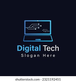 Digital tech gradient logo with laptop vector template design