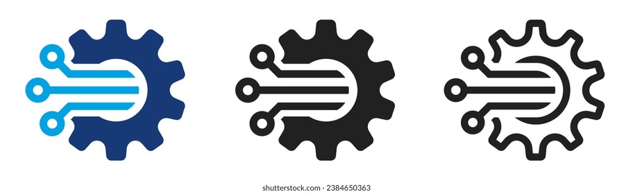 Digital tech icon set. Gear and circuit sign collection. Digital technology gear symbols. Gear, circuit board, data integration vector.