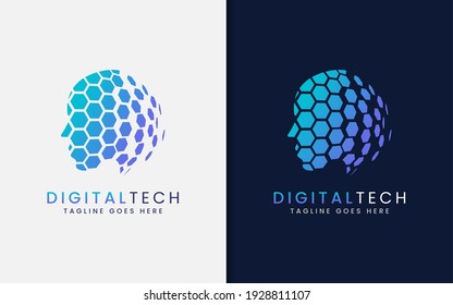 Digital Tech Logo Design. Abstract People Face Silhouette Combined with Digital Hexagon Logo Concept. Vector Logo Illustration.