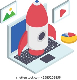 digital tech startup isometric Concept, launching a product to global audience vector color icon design, business corporation symbol, Joint partnerships Sign, Sales Marketing management illustration