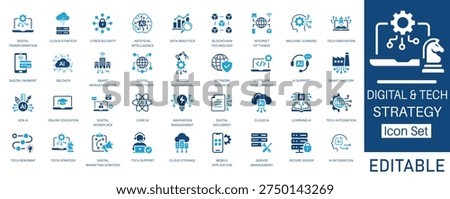 Digital and tech strategy solid glyph icon set. Vector symbols for digital transformation, artificial intelligence, cloud computing, cyber security, gen ai, and tech roadmap.