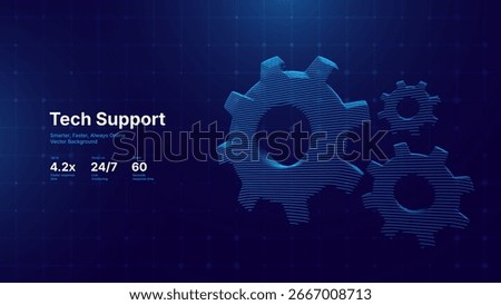 Digital Tech Support. Technical Customer Service Business and Technology Concept. Futuristic Blue Particles 3D Gears. Computer Repair Service Vector Illustration.