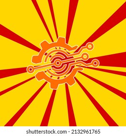 Digital tech symbol on a background of red flash explosion radial lines. The large orange symbol is located in the center of the sun, symbolizing the sunrise. Vector illustration on yellow background