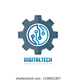 Digital tech - vector business logo template concept illustration. Gear electronic factory sign. Cog wheel technology symbol. SEO emblem. Design element