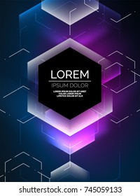 Digital techno abstract background, glowing hexagons, vector geometric hi-tech background with shiny light effects and figures, purple color