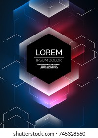 Digital techno abstract background, glowing hexagons, vector geometric hi-tech background with shiny light effects and figures