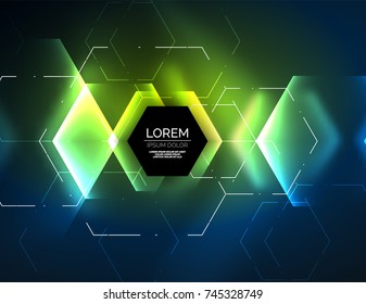 Digital techno abstract background, glowing hexagons, vector geometric hi-tech background with shiny light effects and figures