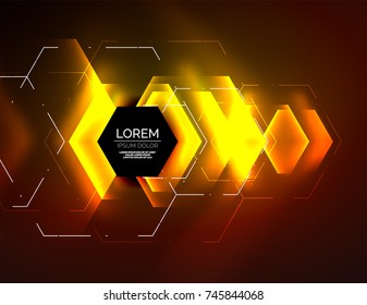 Digital techno abstract background, glowing hexagons, vector geometric hi-tech background with shiny light effects and figures, orange yellow color
