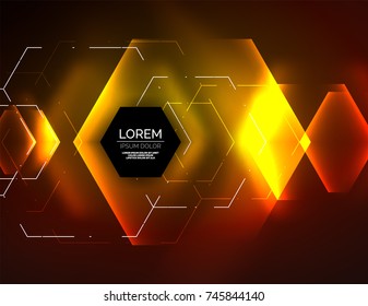 Fondo abstracto digital tecno, hexagones brillantes, fondo vectorial geométrico de alta tecnología con efectos luminosos brillantes y figuras, color amarillo anaranjado