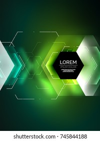 Abstrakter digitaler Techno-Hintergrund, leuchtende Hexagonen, geometrischer, hochtechnologischer Hintergrund mit glänzenden Lichteffekten und -figuren, grüne Farbe