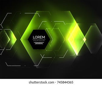 Fondo abstracto digital tecno, hexagones brillantes, fondo vectorial geométrico de alta tecnología con efectos luminosos brillantes y figuras, color verde
