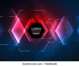 Digital techno abstract background, glowing hexagons, vector geometric hi-tech background with shiny light effects and figures