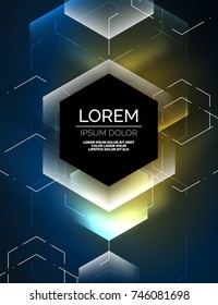 Digital techno abstract background, glowing hexagons, vector geometric hi-tech background with shiny light effects and figures