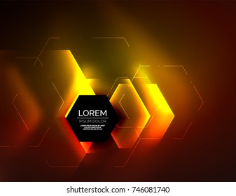 Abstrakter digitaler Techno-Hintergrund, leuchtende Hexagons, geometrischer High-Tech-Hintergrund mit glänzenden Lichteffekten und Figuren, orangegelb