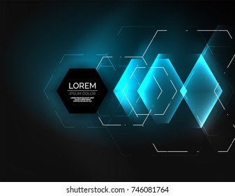Fondo abstracto digital tecno, hexagones brillantes, fondo vectorial geométrico de alta tecnología con efectos luminosos brillantes y figuras, color azul