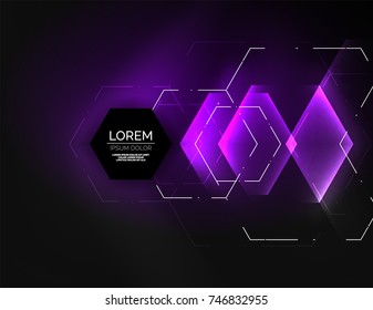 Digital techno abstract background, glowing hexagons, vector geometric hi-tech background with shiny light effects and figures