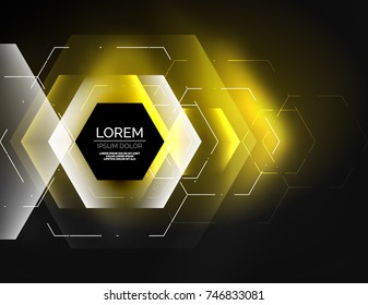 Fondo abstracto digital tecno, hexagones brillantes, fondo vectorial geométrico de alta tecnología con efectos luminosos brillantes y figuras, color amarillo
