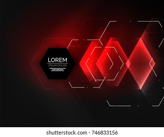 Digital techno abstract background, glowing hexagons, vector geometric hi-tech background with shiny light effects and figures, red color