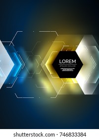 Digital techno abstract background, glowing hexagons, vector geometric hi-tech background with shiny light effects and figures