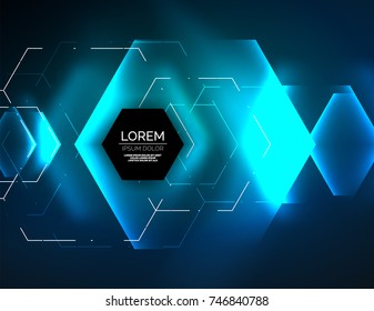 Digital techno abstract background, glowing hexagons, vector geometric hi-tech background with shiny light effects and figures, blue color