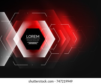 Digital techno abstract background, glowing hexagons, vector geometric hi-tech background with shiny light effects and figures, red color