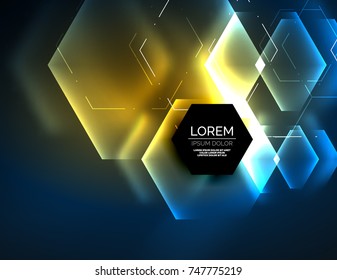 Digital techno abstract background, glowing hexagons, vector geometric hi-tech background with shiny light effects and figures