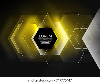 Digital techno abstract background, glowing hexagons, vector geometric hi-tech background with shiny light effects and figures, yellow color