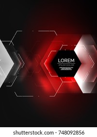 Digital techno abstract background, glowing hexagons, vector geometric hi-tech background with shiny light effects and figures, red color