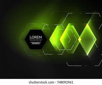 Digital techno abstract background, glowing hexagons, vector geometric hi-tech background with shiny light effects and figures, green color