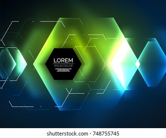 Fondo abstracto digital tecno, hexagones brillantes, fondo vectorial geométrico de alta tecnología con efectos luminosos brillantes y figuras