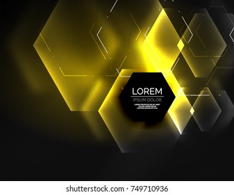 Digital techno abstract background, glowing hexagons, vector geometric hi-tech background with shiny light effects and figures, yellow color