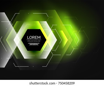 Digital techno abstract background, glowing hexagons, vector geometric hi-tech background with shiny light effects and figures, green color