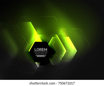 Fundo abstrato techno digital, hexágonos brilhantes, fundo de alta tecnologia geométrica vetorial com efeitos de luz brilhantes e figuras, cor verde