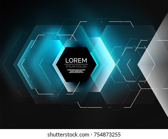 Digital techno abstract background, glowing hexagons, vector geometric hi-tech background with shiny light effects and figures, blue color