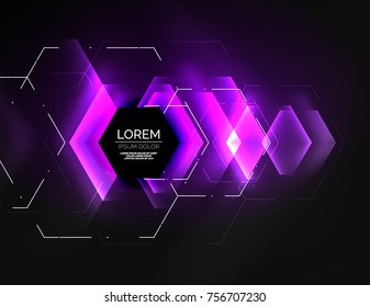 Digital techno abstract background, glowing hexagons, vector geometric hi-tech background with shiny light effects and figures