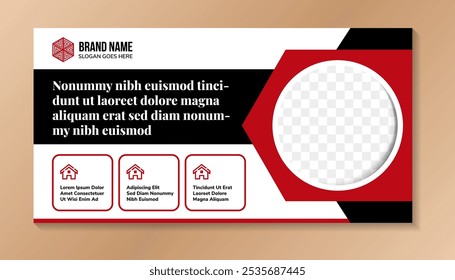 Digital techno abstract banner background with dummy text for example of headline, circle space for photo on red arrow shapes, geometric background with red an black element with white background.