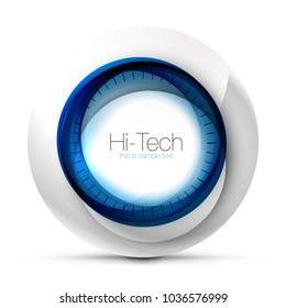 Digital techno blue color sphere web banner, button or icon with text. Glossy swirl color abstract circle design, hi-tech futuristic symbol with color rings and grey metallic element. Vector