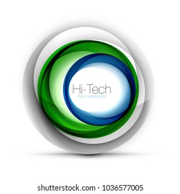 Banner web, botón o icono de esfera digital de color azul tecnológico con texto. Diseño de círculo abstracto de color giratorio brillante, símbolo futurista de alta tecnología con anillos de color y elemento metálico gris. Vector
