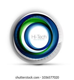 Banner web, botón o icono de esfera digital de color azul tecnológico con texto. Diseño de círculo abstracto de color giratorio brillante, símbolo futurista de alta tecnología con anillos de color y elemento metálico gris. Vector