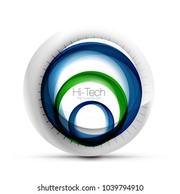 Digital techno blue color sphere web banner, button or icon with text. Glossy swirl color abstract circle design, hi-tech futuristic symbol with color rings and grey metallic element. Vector