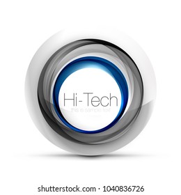 Digital techno blue color sphere web banner, button or icon with text. Glossy swirl color abstract circle design, hi-tech futuristic symbol with color rings and grey metallic element. Vector