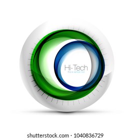 Banner web, botón o icono de esfera digital de color azul tecnológico con texto. Diseño de círculo abstracto de color giratorio brillante, símbolo futurista de alta tecnología con anillos de color y elemento metálico gris. Vector