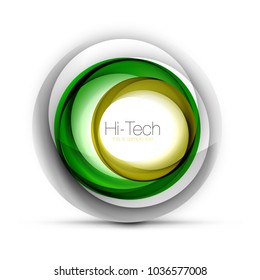 Digital techno sphere web banner, button or icon with text. Glossy swirl color abstract circle design, hi-tech futuristic symbol with color rings and grey metallic element. Vector illustration