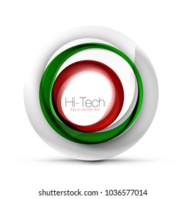 Digital techno sphere web banner, button or icon with text. Glossy swirl color abstract circle design, hi-tech futuristic symbol with color rings and grey metallic element. Vector illustration
